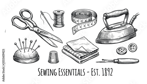 Collection of vintage sewing essentials and tools in a hand drawn sketch style, top secret stamp, vector.