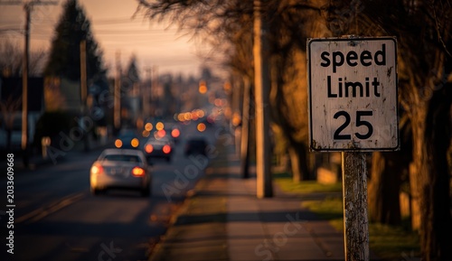 Urban street scene with substance limit sign indicating 25 miles per hour during sunset, with vehicles and trees lining the road