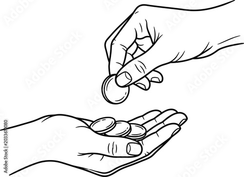 Obraz na płótnie Line art illustration of a hand giving a coin to another hand.