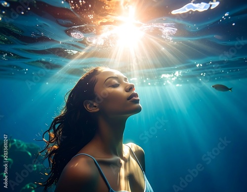 Serene Young Woman Floating Underwater Beneath Sunlit Ocean Surface