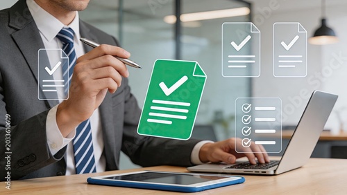 Manager checking document compliance, green checkmark on file, approval process, contract verification, legal agreement review, business administration, paperwork organization,