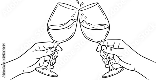 Bild auf Leinwand Black and white illustration of two hands clinking wine glasses together in a celebratory toast