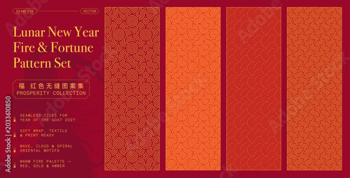 Photos Lunar New Year Patterns, Fire Goat Year and Fortune Seamless Pattern Set with Re