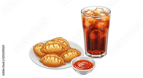 Fresh donuts with iced tea on white plate isolated on transparent background
