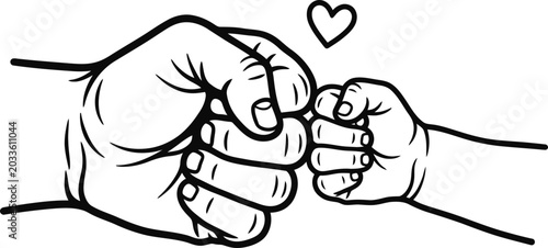 Cuadro en lienzo Black and white line art illustration of an adult fist bumping a baby fist with a heart symbol