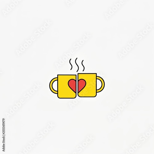 Two yellow coffee mugs with heart shapes forming one heart, steam rising, symbolizing love and friendship in a minimalist flat design style on white background