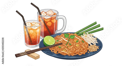 Asian noodle dish with chopsticks, iced tea and lime on blue plate, isolated