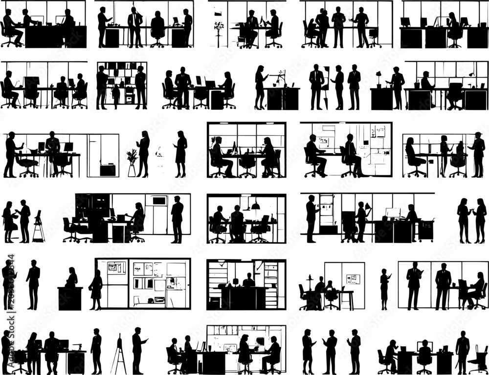 Obraz premium Architectural Office People Silhouette Vector Set – Multi View Human Figures Side Front Top Floor Plan Work Activity Isolated on White