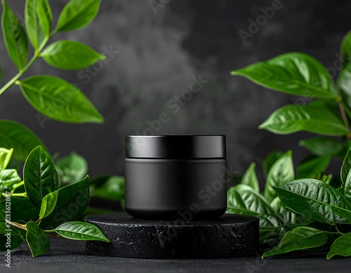 Matte Black Cosmetic Jar Displayed Among Green Tropical Leaves on Dark Stone Pedestal