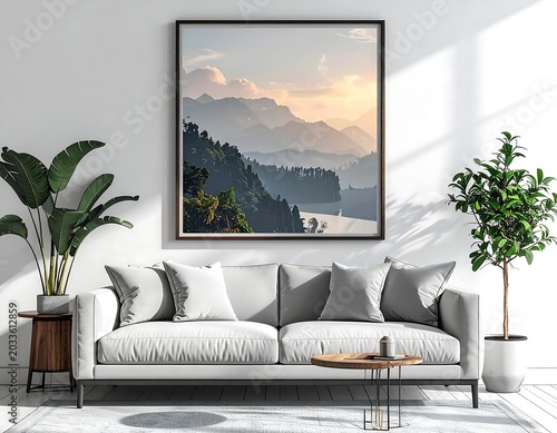 Bright Modern Living Room with White Sofa and Mountain Landscape Wall Art