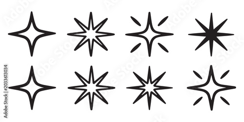Collection of eight different star shapes featuring various geometric designs with sparkling accents isolated on white background for graphic design work.