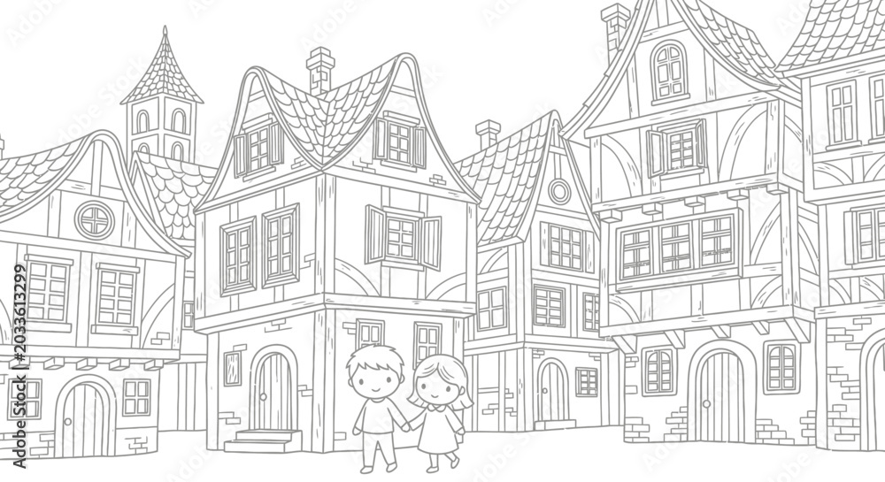 Obraz premium Whimsical medieval village illustration with two children exploring.