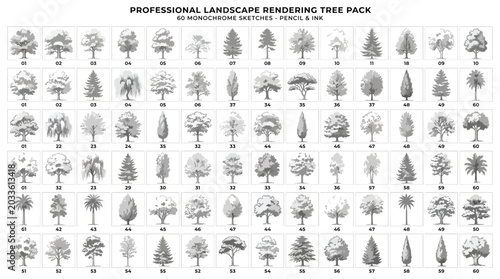 Set of 60 professional landscape rendering tree sketches, monochrome pencil and ink drawings