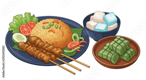 Grilled meat skewers with fresh vegetables and dipping sauce isolated on transparent background