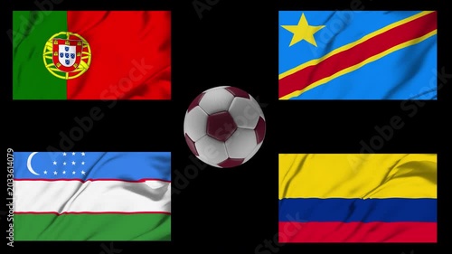 A football soccer competition group containing flags Portugal, Congo, Uzbekistan, Colombia on Alpha transparent background