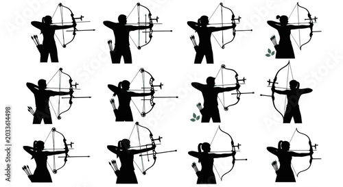Bild auf Leinwand Archery Silhouettes: Male and Female Archers Aiming Bows