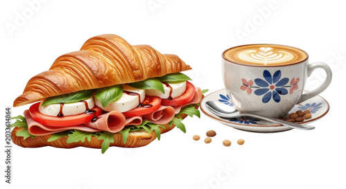 Croissant sandwich with fresh vegetables and cup of latte on floral saucer