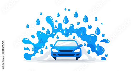 Modern car washing process, water splashes and drops on white background
