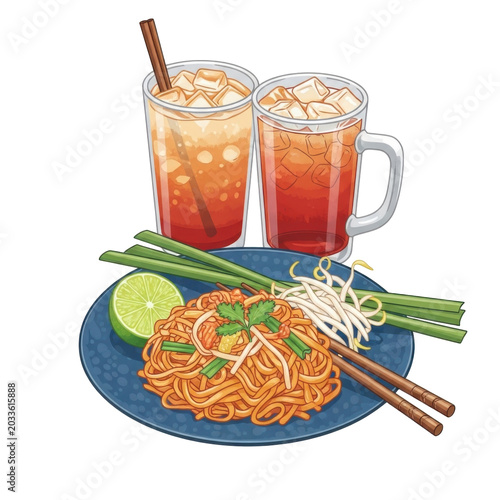 Two glasses of iced tea with lemon and fresh pasta dish on blue plate with chopsticks