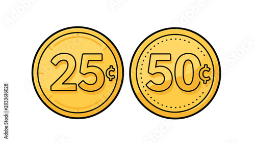 Two golden cartoon coins with numbers 25 and 50 cents, isolated on a white background, illustration for finance
