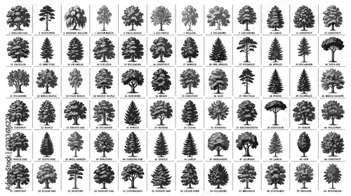 Set of various tree species silhouettes, collection of different types of trees