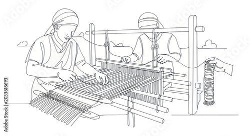 Two women weaving fabric on a traditional loom, showcasing ancient craftsmanship.