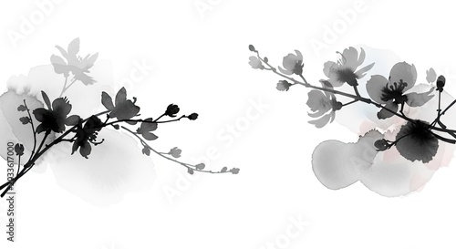 Minimalist black ink cherry blossoms on white background