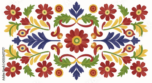 Bild auf Leinwand Vibrant Folk Art Floral Embroidery Design with Symmetrical Pattern