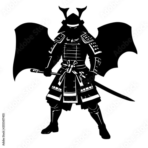 Fotografía Samurai set with solid black silhouette and clean sharp edges in full armor suit