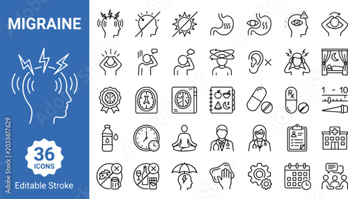 Cuadro en lienzo Migraine headache and chronic pain medical web icons set in line style