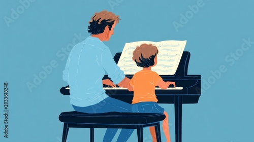 Young boy and adult playing the piano together, musical sheet music on black upright piano in a nurturing learning environment