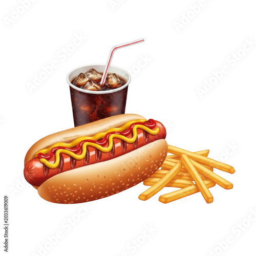 Fast food set with hot dog and french fries in paper cup isolated on white