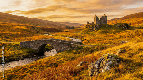 Ancient stone bridge crosses a stream near castle ruins at sunset
