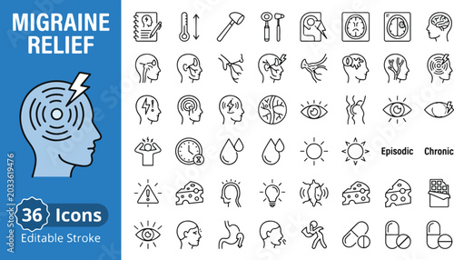 Foto Migraine relief and headache symptoms web icons in line style