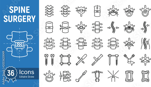 Foto Spine surgery and orthopedic medical line icons set