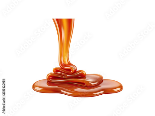 Liquid caramel pouring and pooling in a viscous stream, isolated on a black background for dessert and sweet toppings