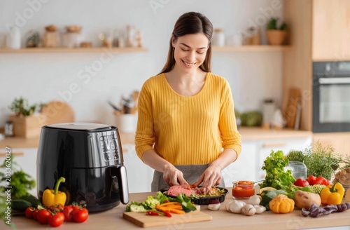 Young woman in a cozy kitchen preparing fresh vegetables for cooking using an air fryer and chopping vegetables on a wooden cutting board