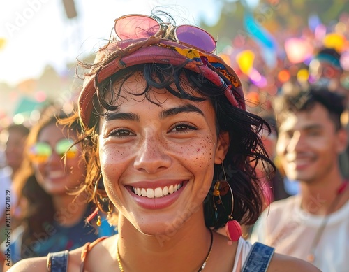 Smiling Young Woman Enjoying Outdoor Music Festival in Sunny Crowd