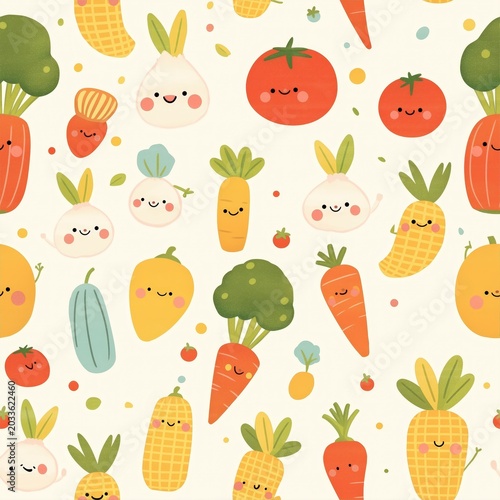 Cute seamless pattern with smiling vegetables and fruits including carrots, tomatoes, corn, mangoes, broccoli, and onions on a light background.