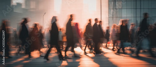 Businesspeople walking in a city street with sunlight reflections and motion blur effect