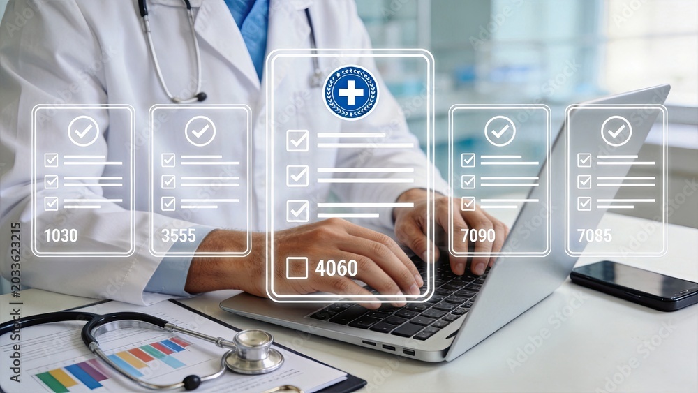 Fototapeta premium Doctor typing on laptop with medical billing codes and checklists overlay, representing healthcare administration, insurance claims processing, patient data management and