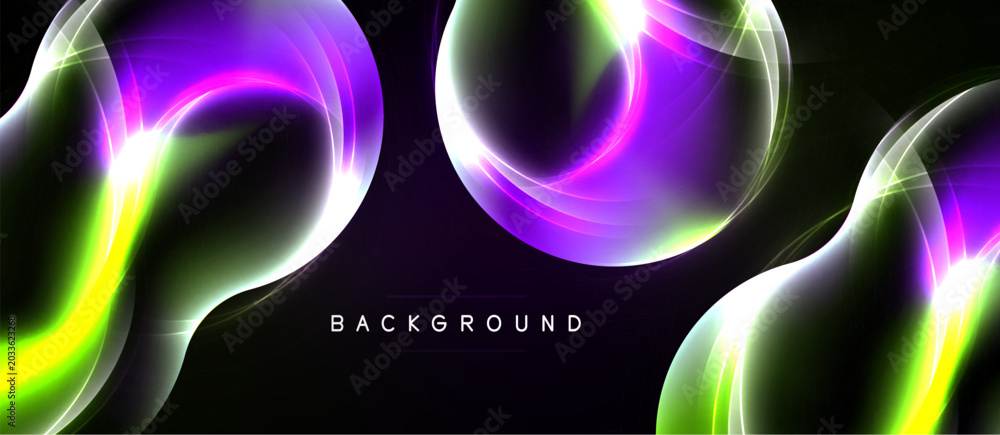 Naklejka premium Abstract glowing orbs, purple, green hues. Dynamic light effects create modern background. Smooth gradients, elegant design.