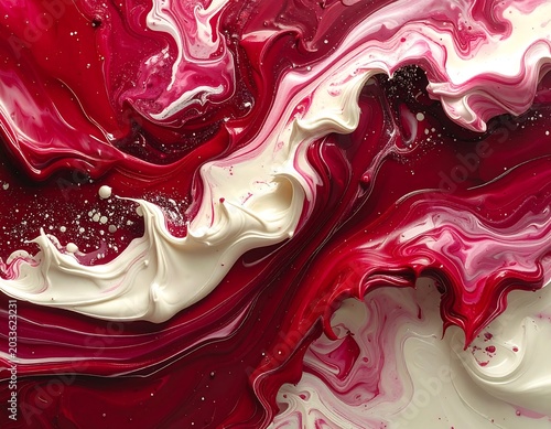 Vivid Red and White Marble Paint Swirls Flowing in Abstract Fluid Art Background