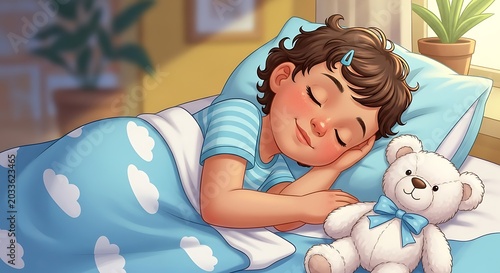 Toddler girl in blue pajamas holding teddy bear.