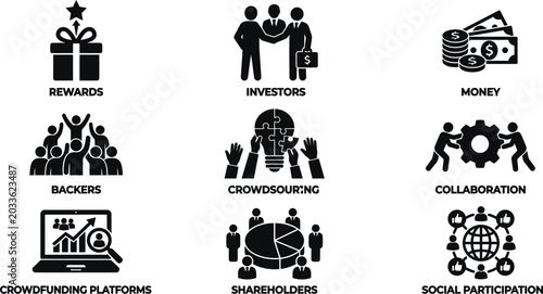 Photos Business concept Flat Icons With Text Labels Black Silhouette Style