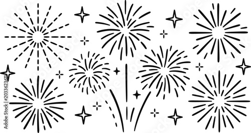 Hand drawn doodle fireworks set for festive celebrations.