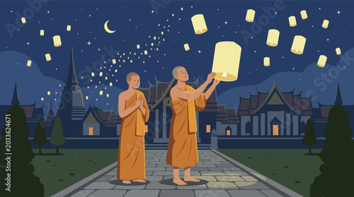 Two Buddhist monks releasing a sky lantern during a traditional festival.