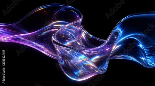 A luminous abstract wavy glass sculpture suspended in darkness