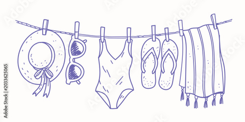 Obraz na płótnie hand drawn set of Summer beach accessories dried on a rope