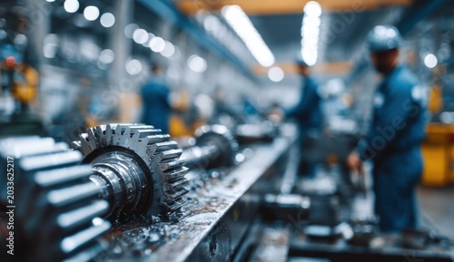 Industrial worker operating heavy machinery in a manufacturing facility with steel components and mechanical parts